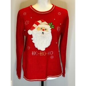 Christmas sweater Santa pearls, embroidery, bell gold metallic stripe trim Sz S
